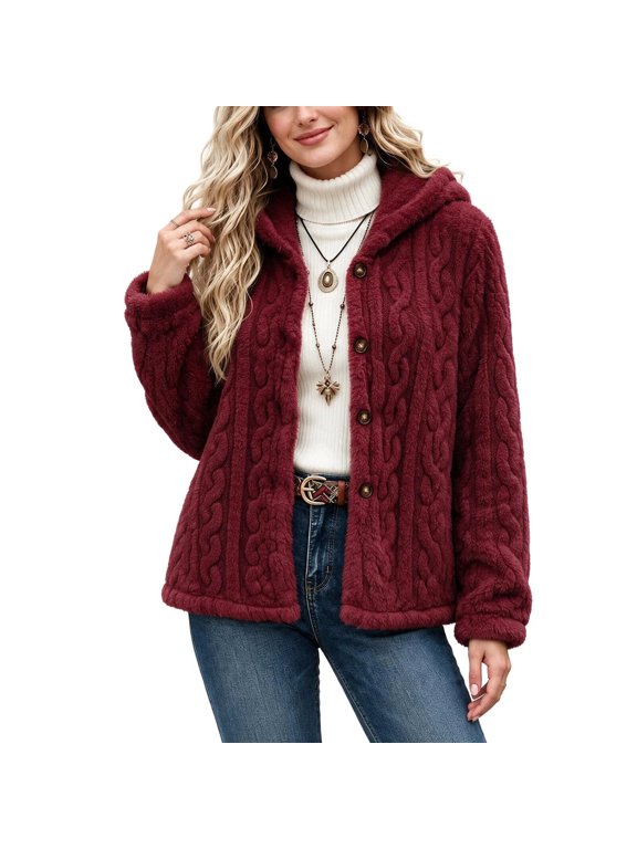Coats for Women Hooded Cable Textured Fleece Jacket Button Front Fluffy Warm Sherpa Coat, Red S-2XL