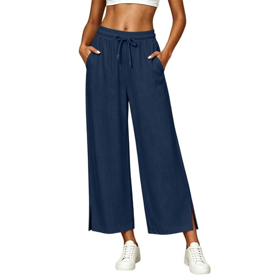 Luvrsol Flowy Pants for Women Plus Size Wide Leg High Waist Breathable Casual Slacks with Side Pockets S-2XL