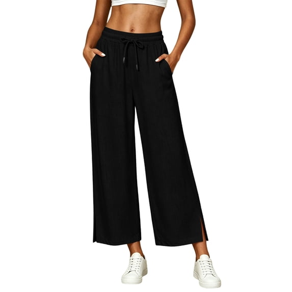 Luvrsol Flowy Pants for Women Plus Size Wide Leg High Waist Breathable Casual Slacks with Side Pockets S-2XL