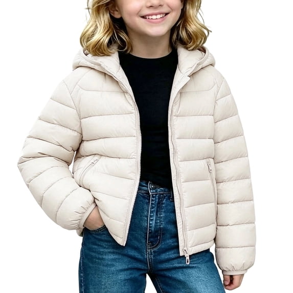 Luvrsol Girls Cropped Horizontal Quilted Hooded Puffer Jacket, Zip‑Up Lightweight Kids Casual Outerwear 100-150