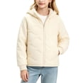 thumbnail image 1 of Luvrsol Girls Quilted Hooded Jacket, Zip‑Up Mixed Fabric Warm Casual Outerwear for Kids 110-170, 1 of 5