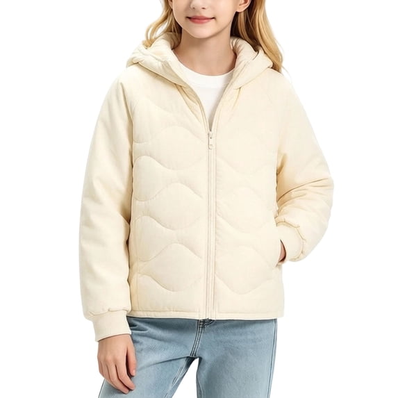 Luvrsol Girls Quilted Hooded Jacket, Zip‑Up Mixed Fabric Warm Casual Outerwear for Kids 110-170