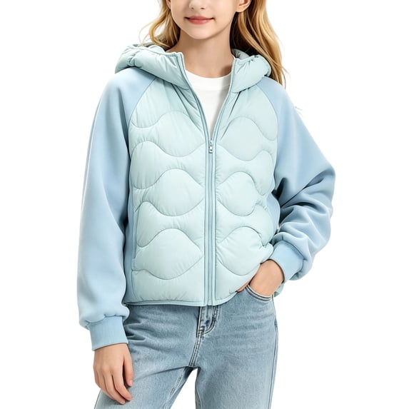 Luvrsol Girls Quilted Hooded Jacket, Zip‑Up Mixed Fabric Warm Casual Outerwear for Kids 110-170