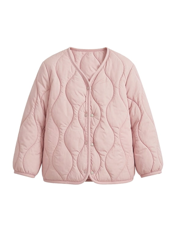 Girls V‑Neck Open Front Quilted Jacket, Short Casual Kids Lightweight Outerwear 100-140