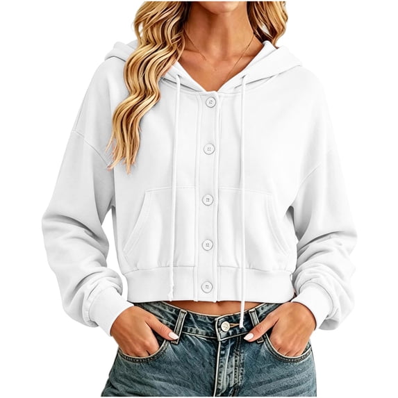 Luvrsol Hoodies Women Cropped Jacket Button Front Hooded Long Sleeve Drawstring Top with Pockets S-2XL