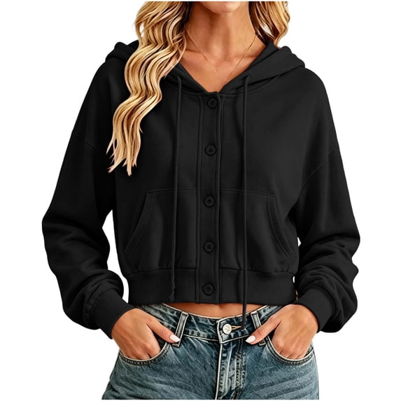 Luvrsol Hoodies Women Cropped Jacket Button Front Hooded Long Sleeve Drawstring Top with Pockets S-2XL