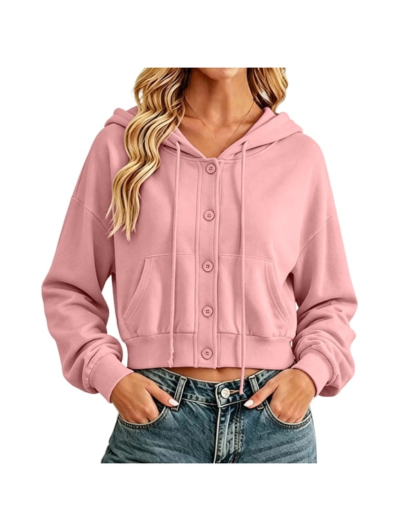 Hoodies Women Cropped Jacket Button Front Hooded Long Sleeve Drawstring Top with Pockets S-2XL