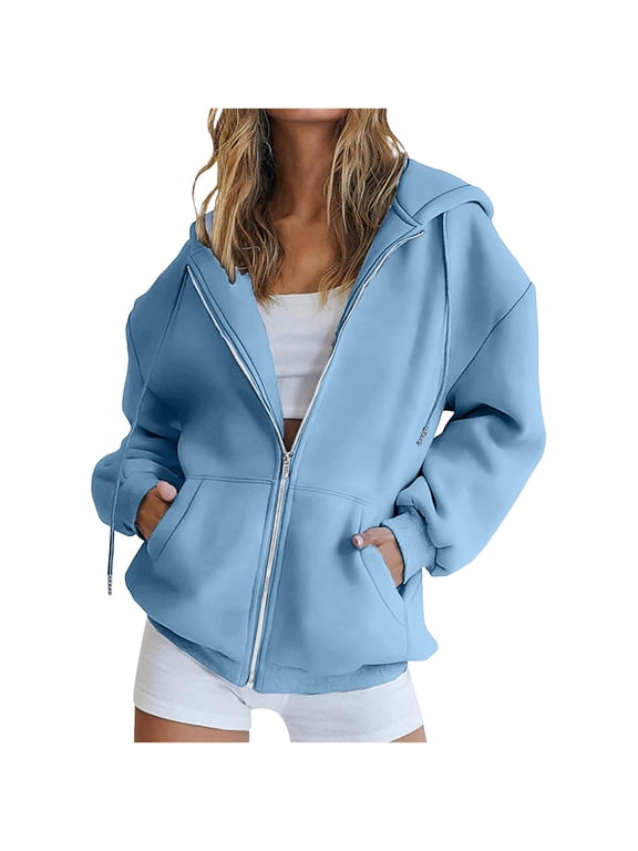 Hoodiess for Women Plus Size Basic Casual Hooded Zip Jacket Drawstring Pockets Sweat Top with Pockets S-5XL