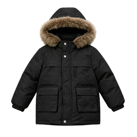 Luvrsol Kids Faux Fur Hood Winter Puffer Jacket, Zip‑Up Multi‑Pocket Heavy‑Weight Outerwear for Boys Girls 120-150