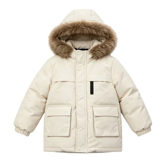 Luvrsol Kids Faux Fur Hood Winter Puffer Jacket, Zip‑Up Multi‑Pocket Heavy‑Weight Outerwear for Boys Girls 120-150