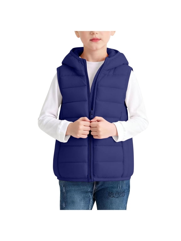 Kids Hooded Zip‑Up Puffer Vest Sleeveless Lightweight Quilted Hooded Layering Gilet for Boys Girls, Navy 170