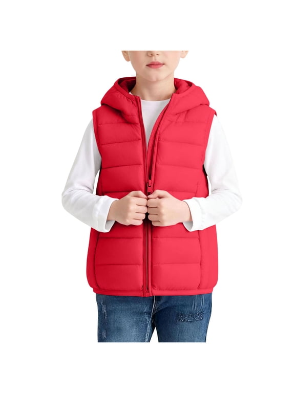 Kids Hooded Zip‑Up Puffer Vest Sleeveless Lightweight Quilted Hooded Layering Gilet for Boys Girls, Red 120