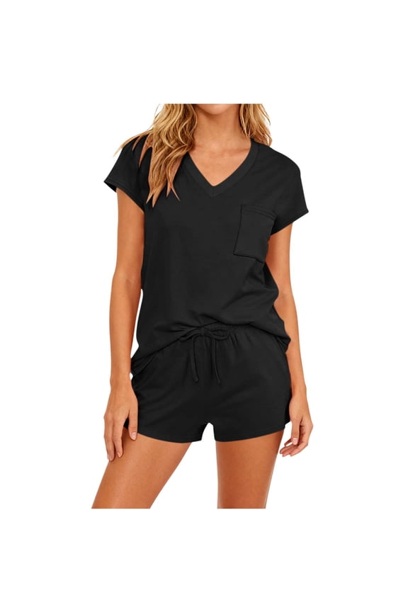 Matching Sets Women Clothing Casual Short Sleeve V-Neck Solid Summer Sweatsuit with Pocket, Size S-2XL