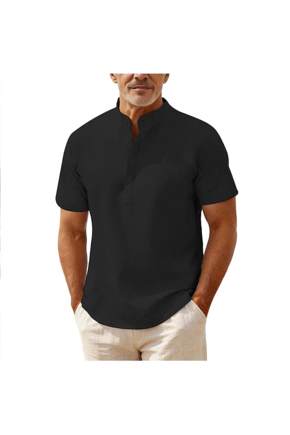Men's Plain Solid Half-Buttoned Stand-Up Collar T Shirts Basic Tee, S-3XL