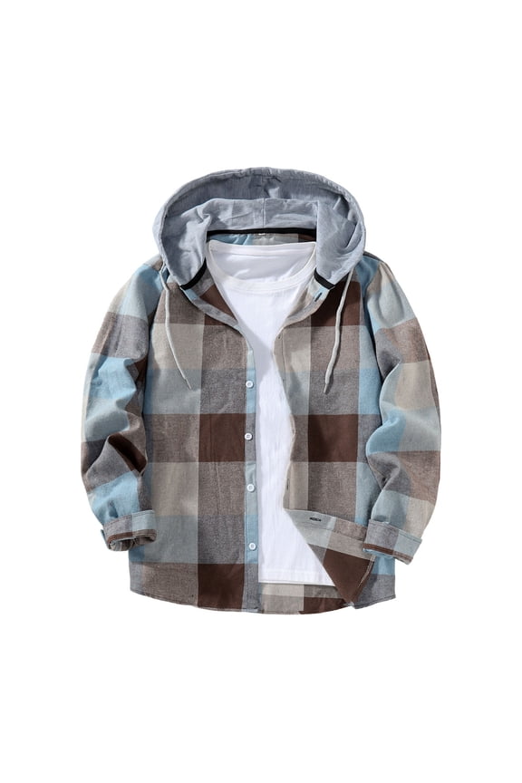 Mens Shirts Long Sleeve Button-Down Hooded Cardigan Jacket with Check Pattern, S-2XL