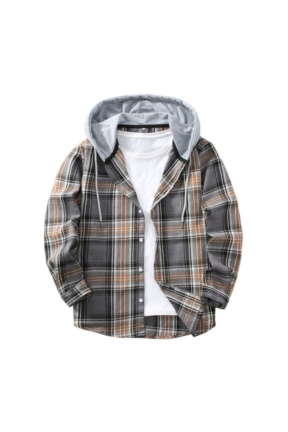 Mens Shirts Long Sleeve Button-Down Hooded Cardigan Jacket with Check Pattern, S-2XL