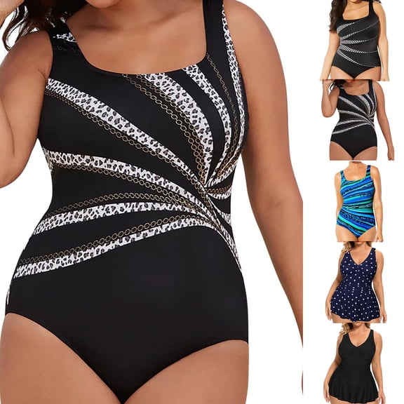 Luvrsol One Piece Tummy Control Swimsuits for Womens Large Ladies with Chest Pads Printed Oversized Jumpsuit Swimsuit, Size L-5XL