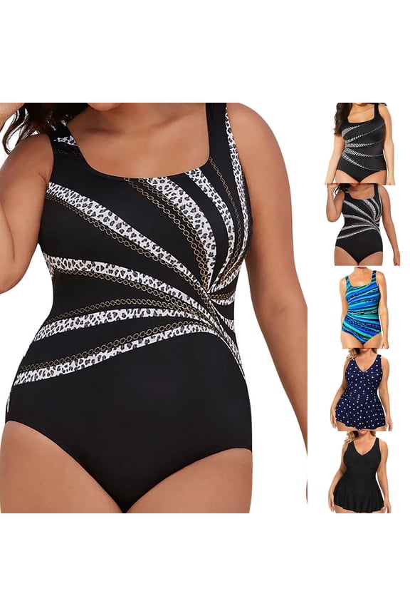 One Piece Tummy Control Swimsuits for Womens Large Ladies with Chest Pads Printed Oversized Jumpsuit Swimsuit, Size L-5XL