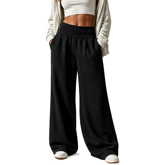 Luvrsol Pants for Women Wide Leg Sweatpants High Waist Loose Casual Solid Trousers with Side Pockets, Black S-2XL