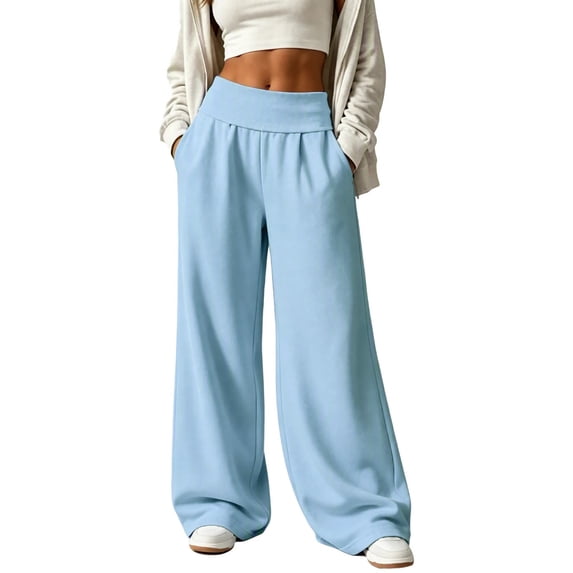 Luvrsol Pants for Women Wide Leg Sweatpants High Waist Loose Casual Solid Trousers with Side Pockets, Light Blue S-2XL