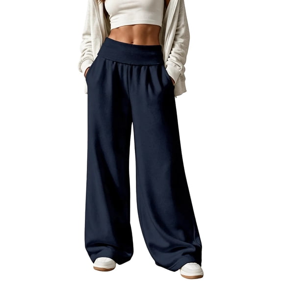 Luvrsol Pants for Women Wide Leg Sweatpants High Waist Loose Casual Solid Trousers with Side Pockets, Navy S-2XL