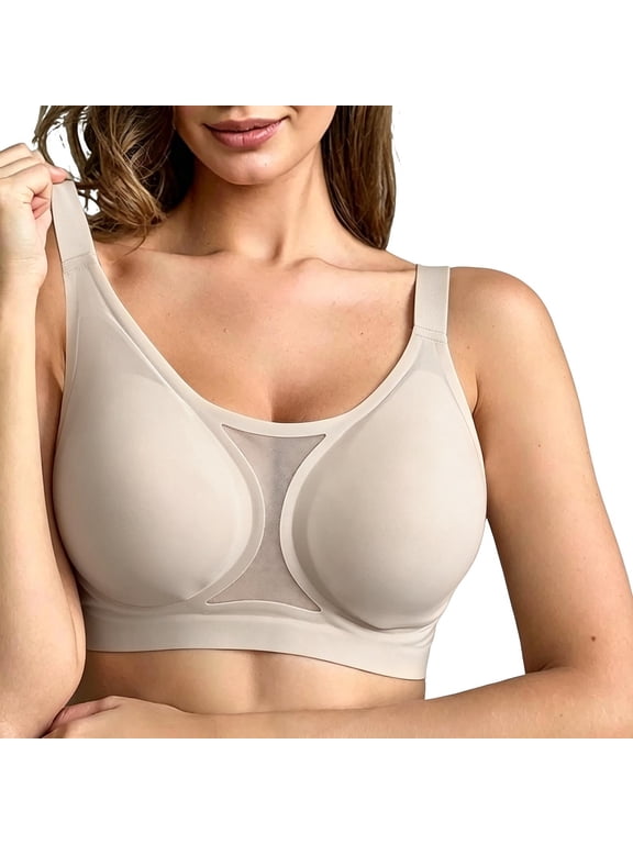 Plus Size Bras for Women Jelly Wireless Mesh Cutout Bra Wide Strap Seamless Comfort Bras, Beige M-5XL