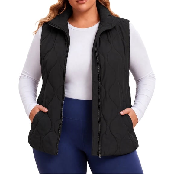 Luvrsol Plus Size Coats for Women Stand Collar Quilted Puffer Vest Full Zip Sleeveless Gilet Winter Jacket, Black L-5XL