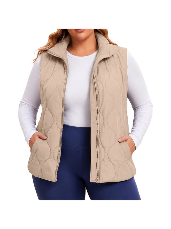 Plus Size Coats for Women Stand Collar Quilted Puffer Vest Full Zip Sleeveless Gilet Winter Jacket, Khaki L-5XL