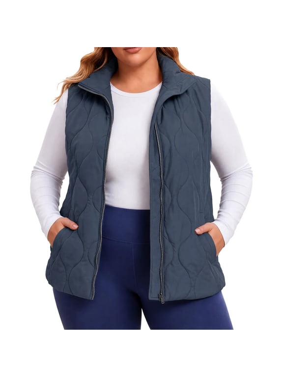 Plus Size Coats for Women Stand Collar Quilted Puffer Vest Full Zip Sleeveless Gilet Winter Jacket, Navy L-5XL