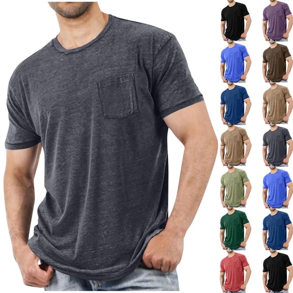 Luvrsol Plus Size Men's Daily Wear Solid Crewneck Pocket T Shirts Basic Tee Tops, M-4XL