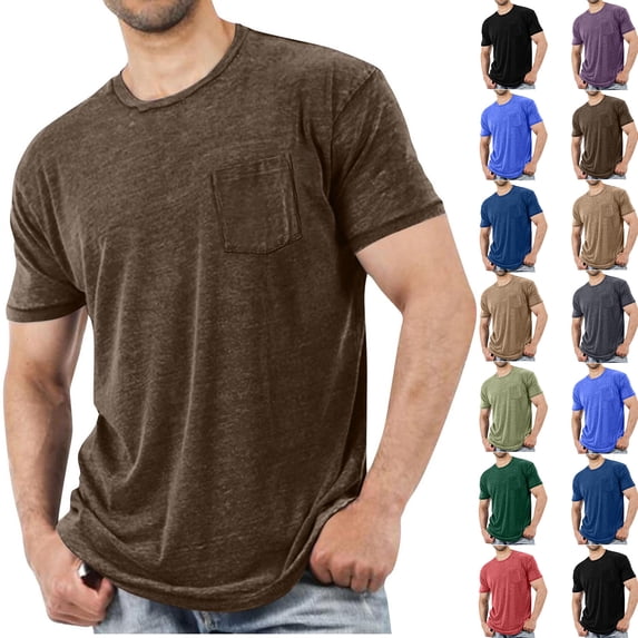 Luvrsol Plus Size Men's Daily Wear Solid Crewneck Pocket T Shirts Basic Tee Tops, M-4XL