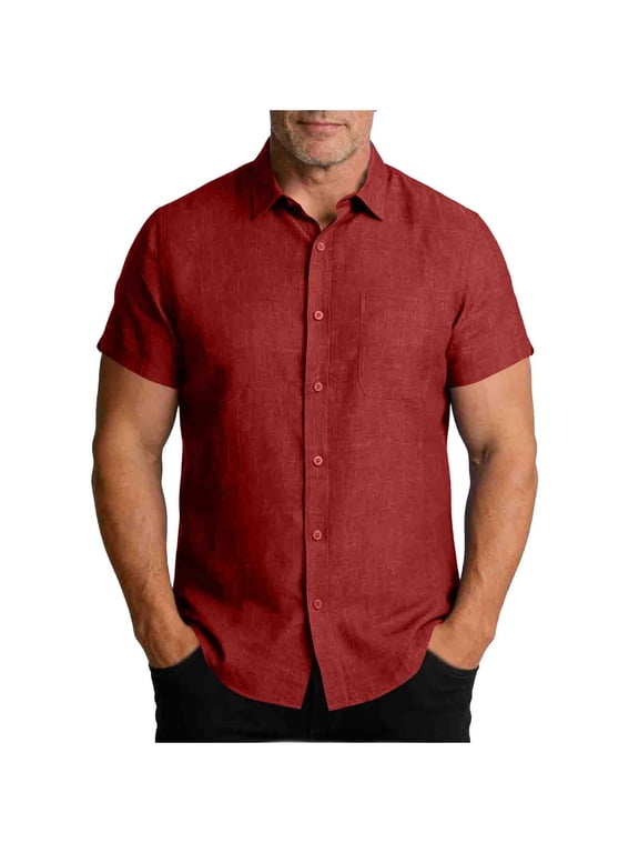 Plus Size Men's Linen Casual Short Sleeve Pockets Button Down Shirt, S-4XL