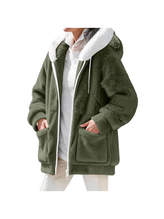 Plus Size Winter Jackets for Women Hooded Double Sided Fleece Zip Up Jacket Coat, Army Green S-5XL