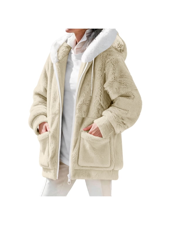 Plus Size Winter Jackets for Women Hooded Double Sided Fleece Zip Up Jacket Coat, Beige S-5XL
