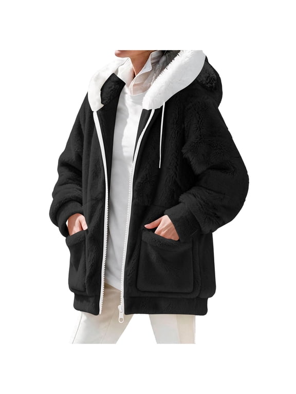 Plus Size Winter Jackets for Women Hooded Double Sided Fleece Zip Up Jacket Coat, Black S-5XL