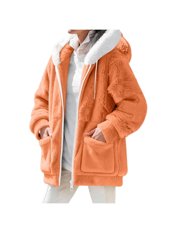 Plus Size Winter Jackets for Women Hooded Double Sided Fleece Zip Up Jacket Coat, Orange S-5XL
