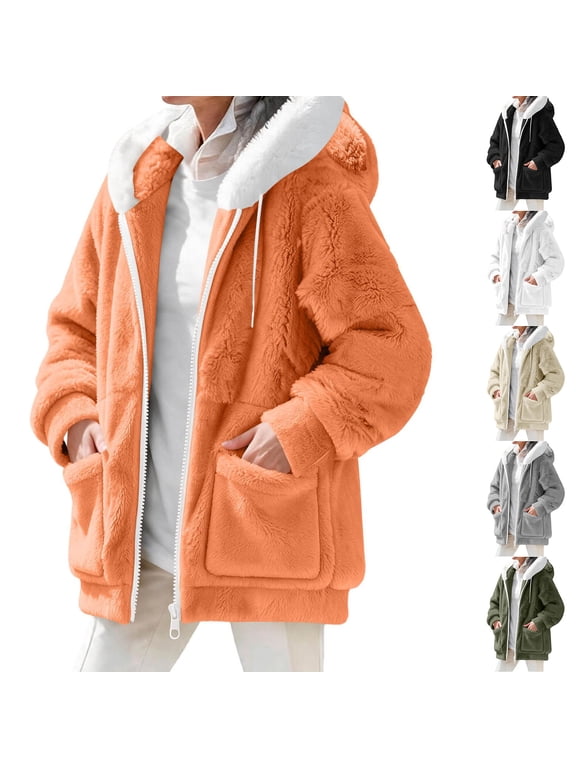 Plus Size Winter Jackets for Women Hooded Double Sided Fleece Zip Up Jacket Coat, Orange S-5XL