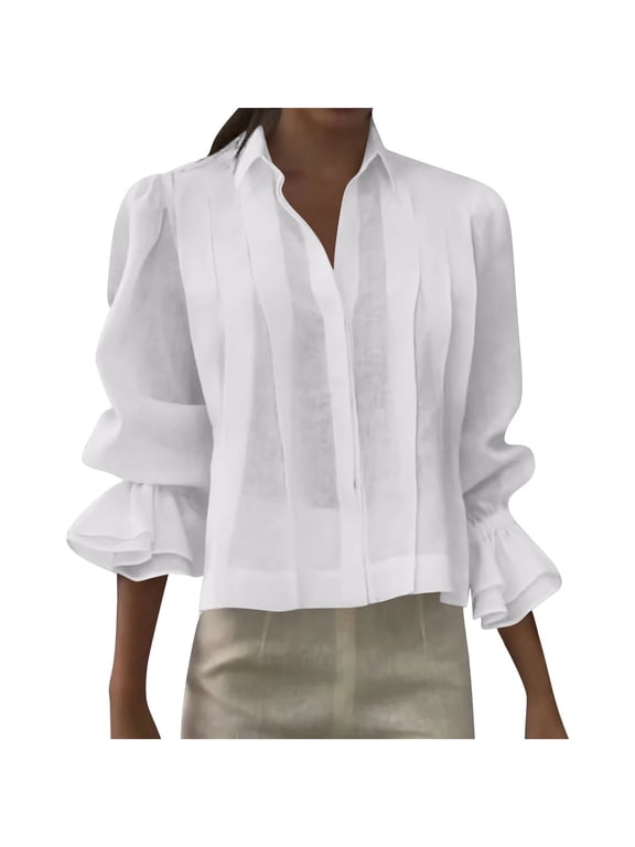 Plus Size Women Button Down Shirt Long‑Sleeve Collared Blouse Loose Fit with Roll‑Up Cuffs S-3XL
