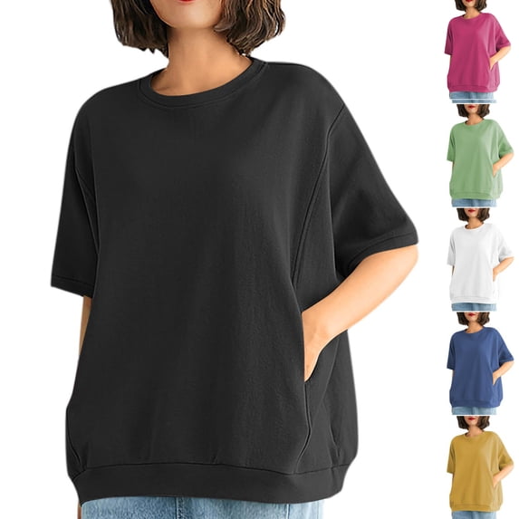 Luvrsol Plus Size Women T Shirts Round Neck Short Sleeve Pocket Solid Casual T-shirts, Size M-4XL