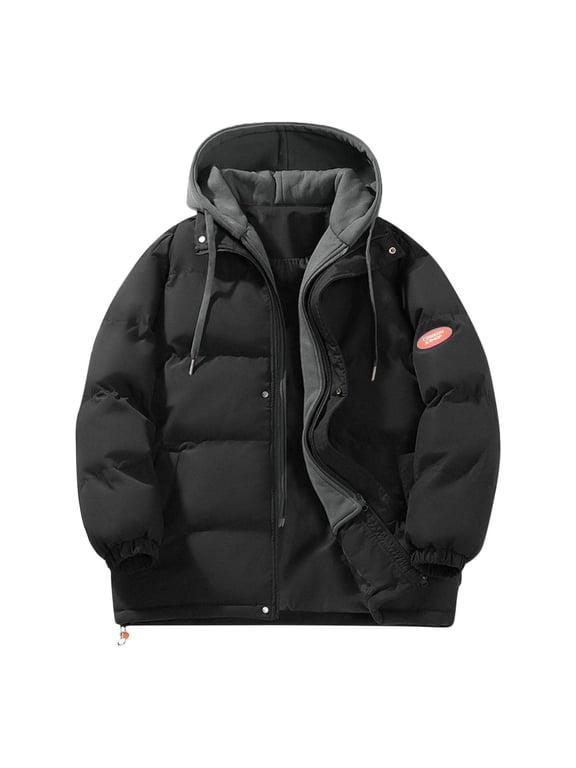 Plus Size Women's Color Block Hooded Short Puffer Jacket Full Zip Contrast Drawstring Winter Coat, Black M-5XL