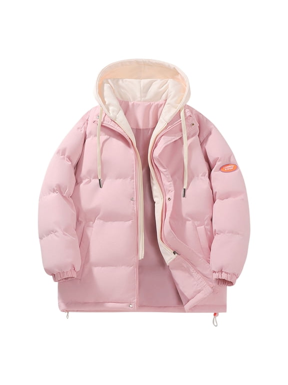 Plus Size Women's Color Block Hooded Short Puffer Jacket Full Zip Contrast Drawstring Winter Coat, Pink M-5XL
