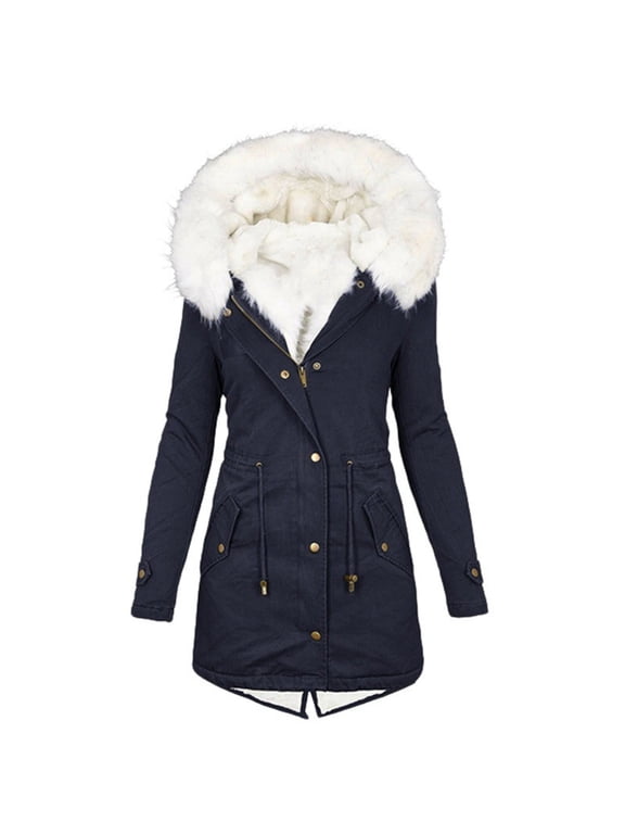 Plus Size Women's Faux Fur Collar Mid‑Length Puffer Coats Winter Warm Parka Jacket, Navy 3XL-5XL