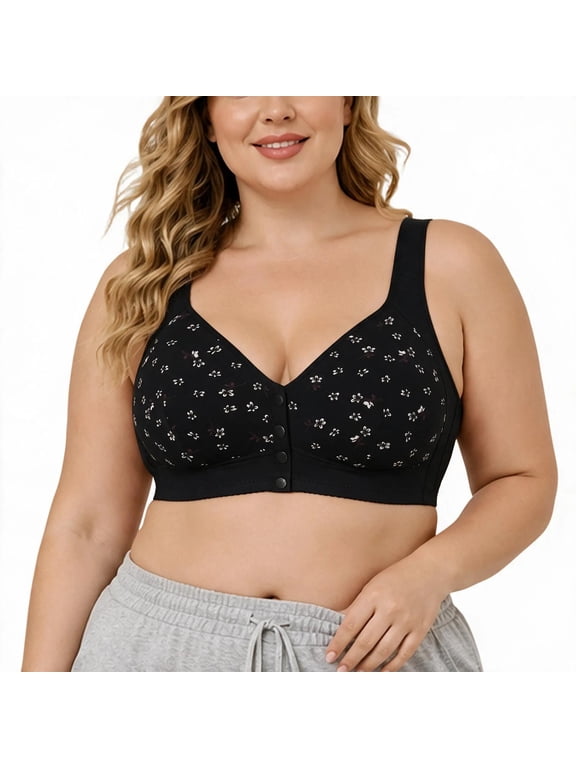 Plus Size Womens Bra Seamless Front Closure Bra Wireless Comfort Padded Bra for Daily Wear, Black 2XL