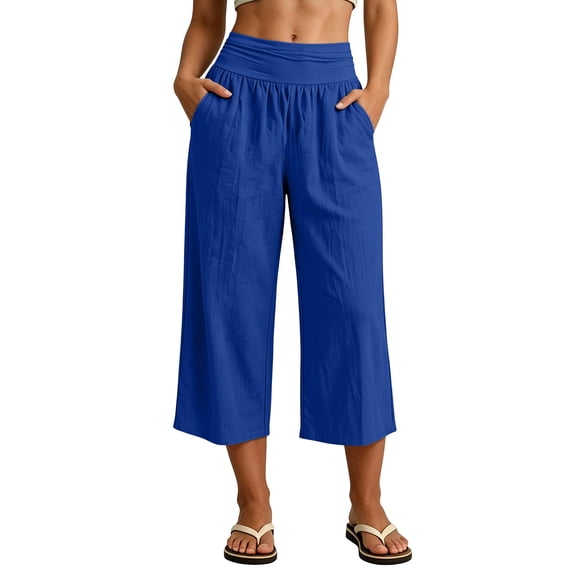 Luvrsol Plus Size Womens Capris Wide Leg Crop Pants Elastic Waist Loose Fit Summer Casual S-3XL
