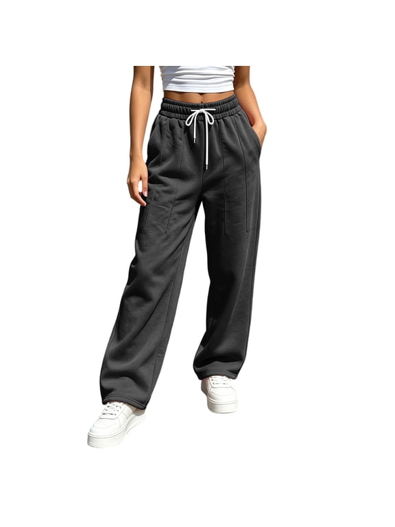 Plus Size Womens Sweat Pants Wide Leg Joggers Loose Casual Pants with Drawstring and Pockets S-3XL