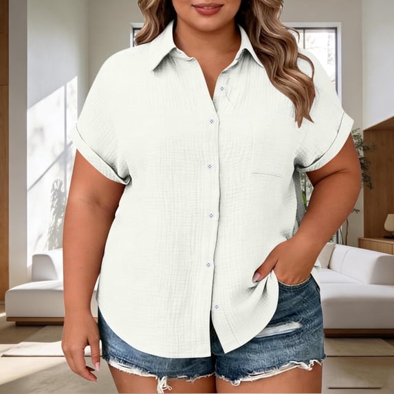 Luvrsol Short Sleeve Tops for Women Plus Size Button Down Shirt with Notch Collar and Patch Pockets Tunic Tops Loose Fit Dressy, L-4XL