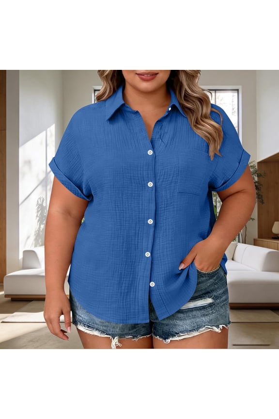Short Sleeve Tops for Women Plus Size Button Down Shirt with Notch Collar and Patch Pockets Tunic Tops Loose Fit Dressy, L-4XL