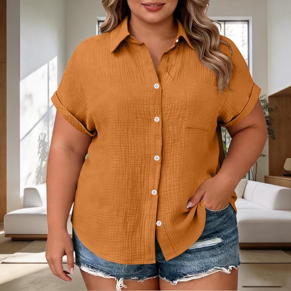Luvrsol Short Sleeve Tops for Women Plus Size Button Down Shirt with Notch Collar and Patch Pockets Tunic Tops Loose Fit Dressy, L-4XL