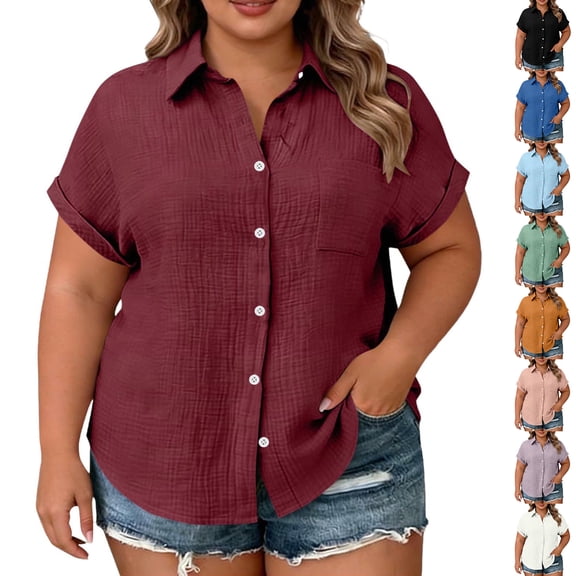 Luvrsol Short Sleeve Tops for Women Plus Size Button Down Shirt with Notch Collar and Patch Pockets Tunic Tops Loose Fit Dressy, L-4XL