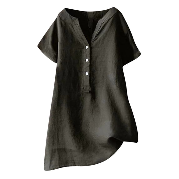 Luvrsol Short Sleeve Tops for Women Plus Size V-Neck Loose Button Cotton and Linen Oversized Tunic Tops, S-5XL